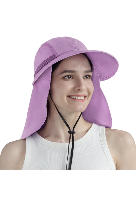 Women Sun Hat Neck Flap Cover, UV Protection Wide Brim Fishing Hat, Ponytail Hole Hiking Hat, Foldable Beach Cap Gardening Camping Outdoor Safari Sun Hat, Summer Travel Gifts UPF 50+, Purple