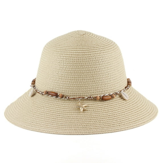 Women Sun Hat Solid Color Sea Shell Decor Braided String Flat Top Sunscreen Round Decorative Beach Hat Clothes Accessory