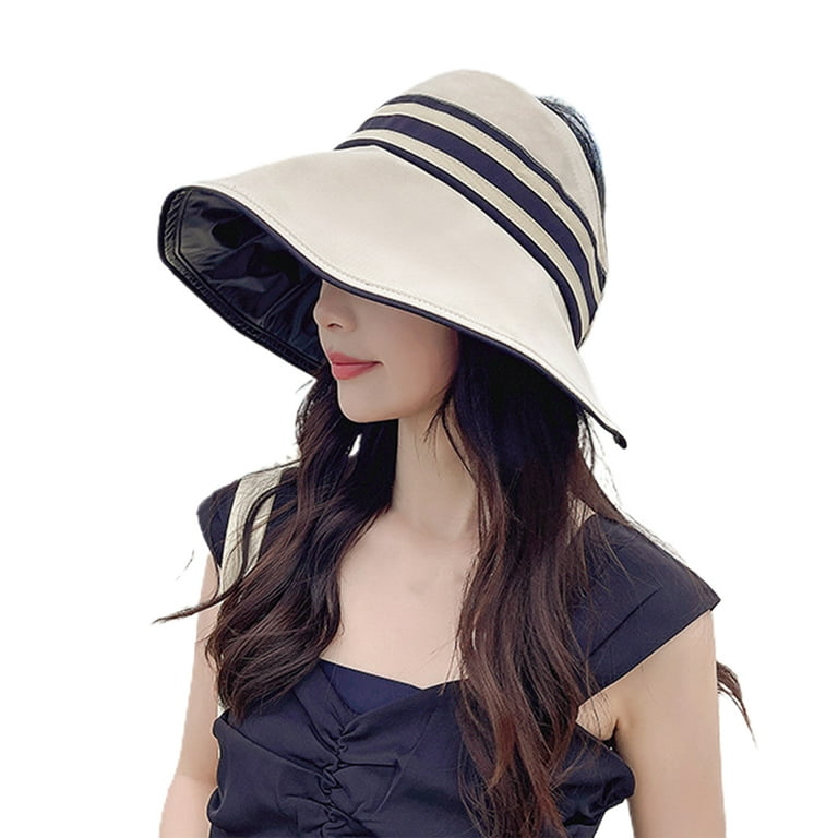 Women Sun Hat Stripe Heat Isolating Contrast Color Anti-UV Sunscreen Bucket  Hat