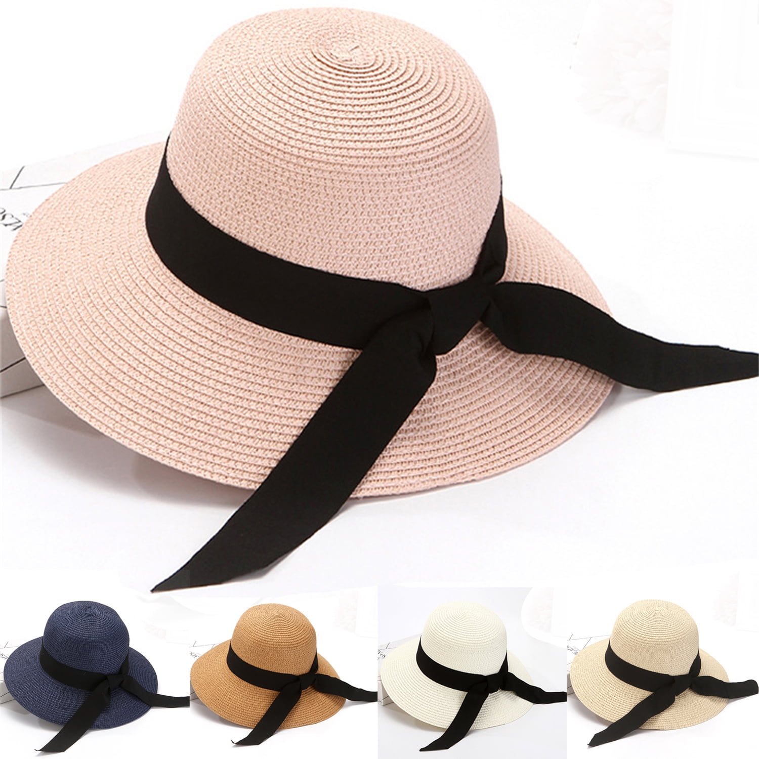 Yuanbang Women Sun Hat Summer Accessories Breathable Beach Straw Hat Lace Up Bandage Cap Panama, adult Unisex, Size: One size, Beige