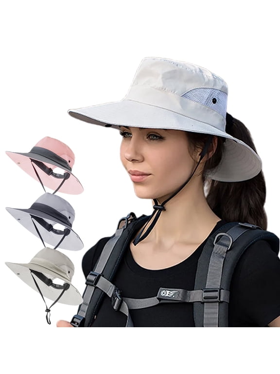 Women Sun Hat Summer Bucket Wide Brim Ponytail Boonie UV Protection Hat Foldable Cool Mesh Beach Cap, Beige