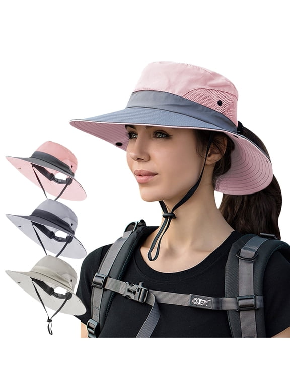 Women Sun Hat Summer Bucket Wide Brim Ponytail Boonie UV Protection Hat Foldable Cool Mesh Beach Cap, Pink