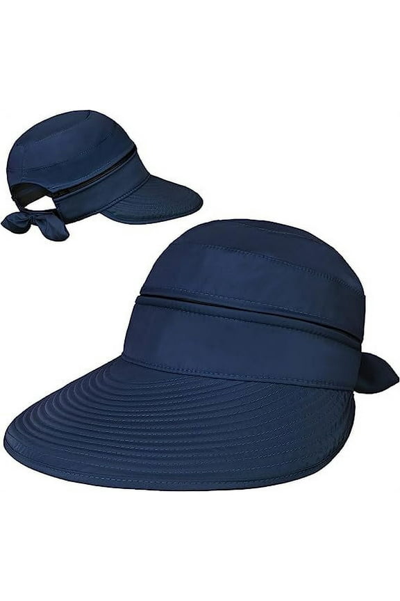 Women Sun Hat UPF 50+, Zip Off Sun Hat Visor, Ponytail Sun Protection Hat Golf Beach Travel Packable(Navy)