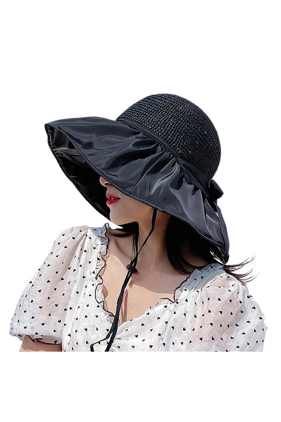 Women Sun Hat Wide Brim with Bow Face Shield Foldable Summer Beach Cap