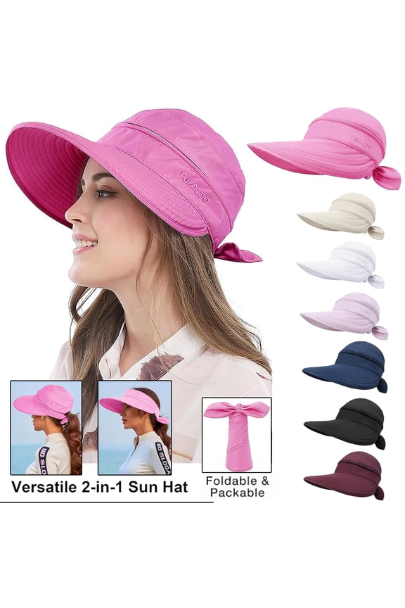 Women Sun Hat for Outdoor UV Protection, Wide Brim Sun Hat Ponytail, Convertible Zip-Off Beach Hat Visor