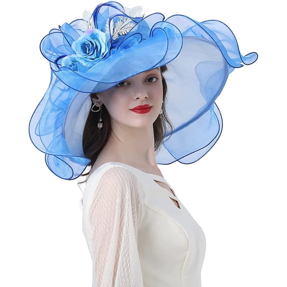 Women Sun Hat with Mesh Flower Decoration Wide Brim Hat Occasion Event Organza Fancy Church Dress Hat