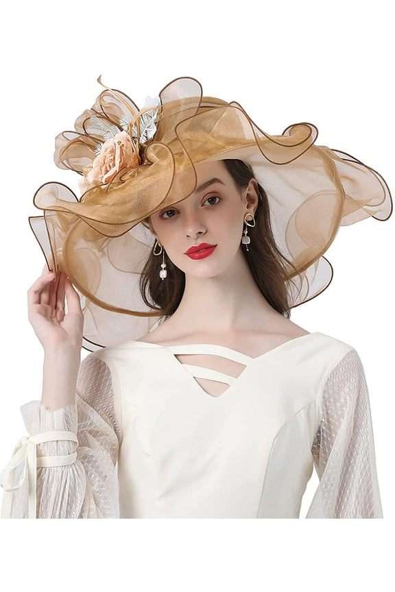 Women Sun Hat with Mesh Flower Decoration Wide Brim Hat Occasion Event Organza Fancy Church Dress Hat
