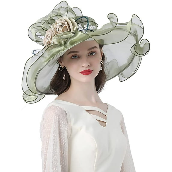 Women Sun Hat with Mesh Flower Decoration Wide Brim Hat Occasion Event Organza Fancy Church Dress Hat