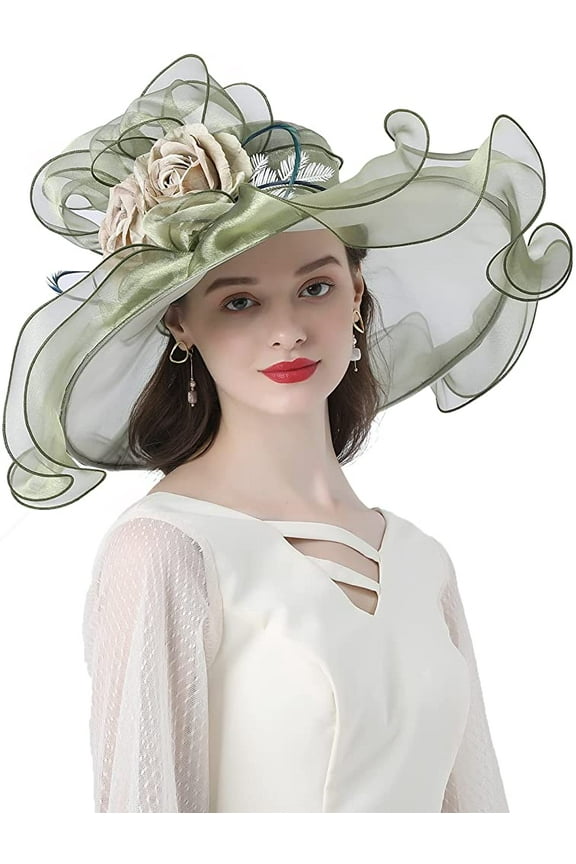 Women Sun Hat with Mesh Flower Decoration Wide Brim Hat Occasion Event Organza Fancy Church Dress Hat