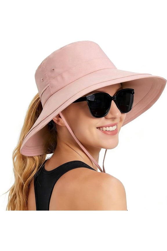 Women Sun Hat with Ponytail Hole Wide Brim Bucket Hats, Beach Hiking Gardening Hat Water-Resistant Outdoot Hat, Pink