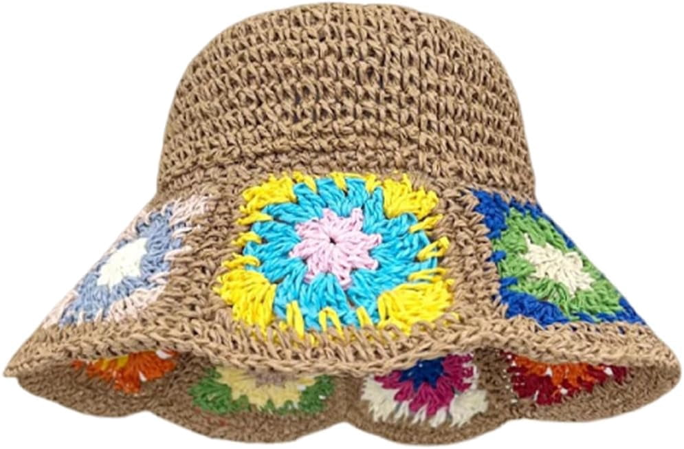 Women Sun Hats Crochet Granny Square Straw Hat Boho Floral 