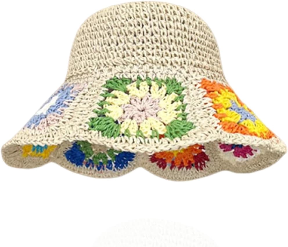 Women Sun Hats Crochet Granny Square Straw Hat Boho Floral  display picture 3