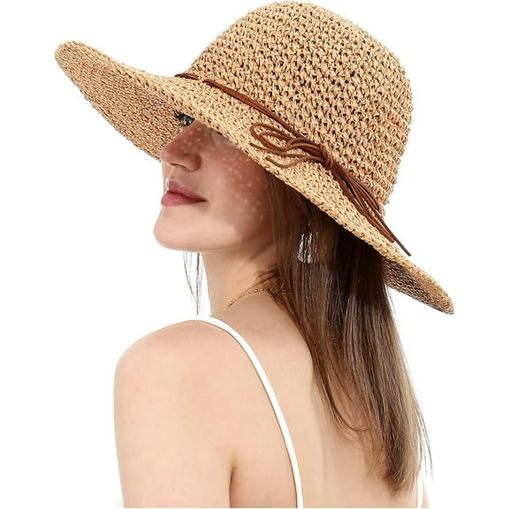 Women Sun Hats Floppy Foldable Wide Brim UV UPF 56  Straw Hat with Bow for Summer Beach