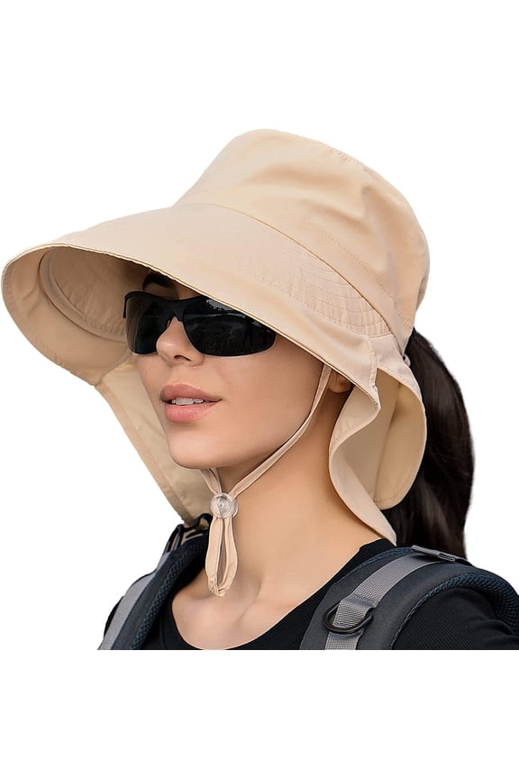 Women Sun Hats UV Protection Foldable Wide Brim Ponytail Hole Summer Men Beach Hats with Neck Flap