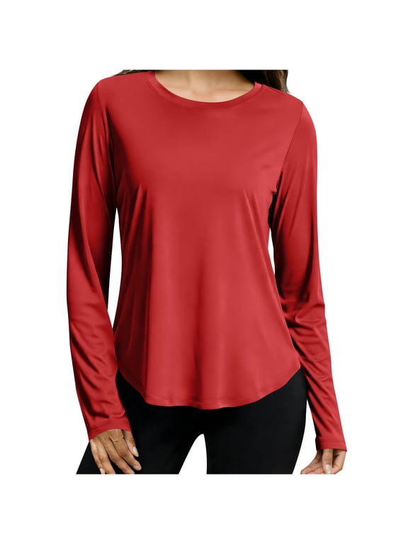 Women Sun Protection Shirts Plus Size Long Sleeve Solid Color Crew Neck Lightweight Swimming Fishing Fast-drying Sports Tops S-3XL