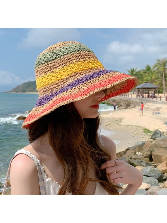 Women Sun Straw Handmade Rainbow Striped Crochet Beach BOHO Bucket Hat