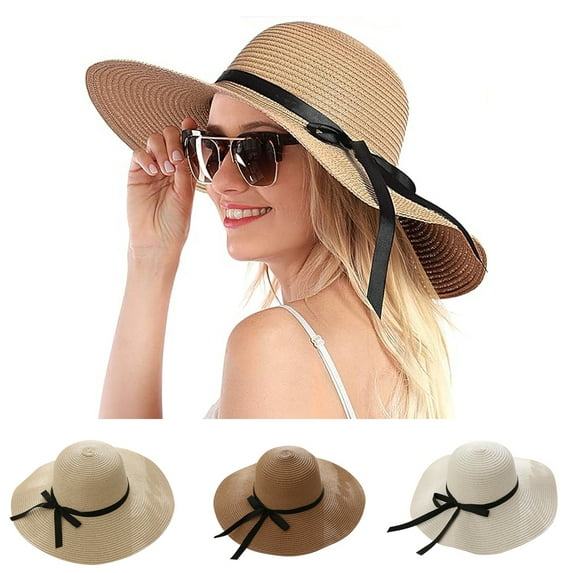 Women Sun Straw Hat,UV Protection Bowknot Wide Brim Beach Hat Travel
