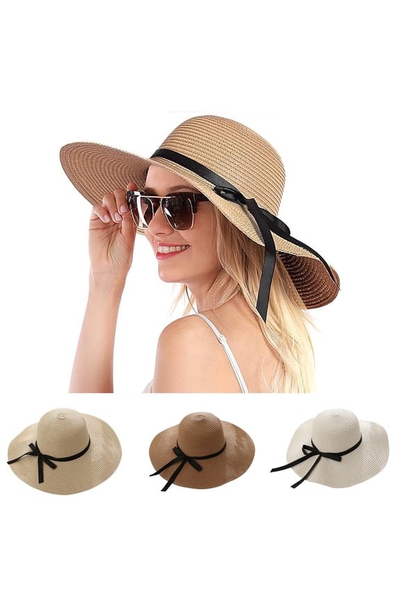 Women Sun Straw Hat,UV Protection Bowknot Wide Brim Beach Hat Travel