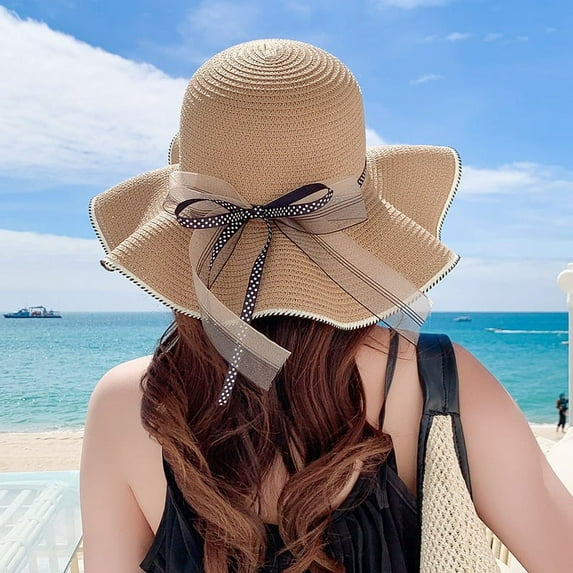 Women Sun Straw Summer Hat with Flat Top, Ribbon Bow, and Wide Brim - Perfect for Travel Beach and Outdoor Activities, UV Protected - Khaki