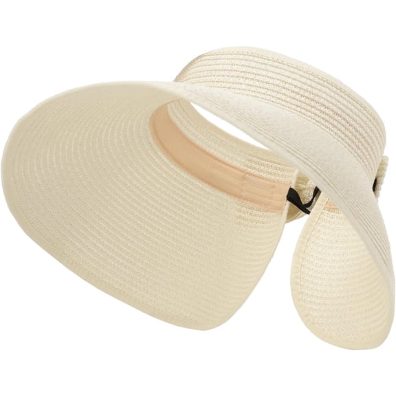 Women Sun Visor Fordable Wide Brim Summer Straw Hat Roll up Adjustable Beach Hat with Bowtie