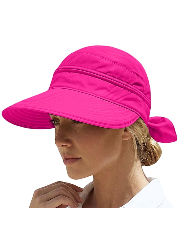 Women Sun Visor Hat Foldable Wide Brim Ponytail Cap Packable Summer Travel Hat UV Protection Beach Outdoor Sports Gardening Lightweight Breathable Sun Shade Headwear, Hot Pink