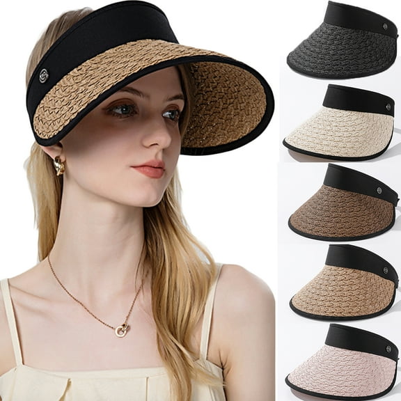 Women Sun Visor Hats Wide Brim Straw Visors Foldable Beach Visors Summer Roll Up Ponytail Beach Hat
