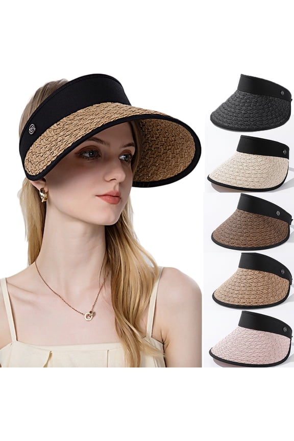 Women Sun Visor Hats Wide Brim Straw Visors Foldable Beach Visors Summer Roll Up Ponytail Beach Hat