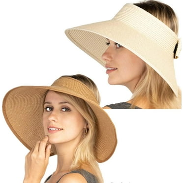 Women Sun Visors Foldable Straw Hats Summer Beach Packable Hat Floppy Wide Brim Cap Deep Style, Adjustable Size