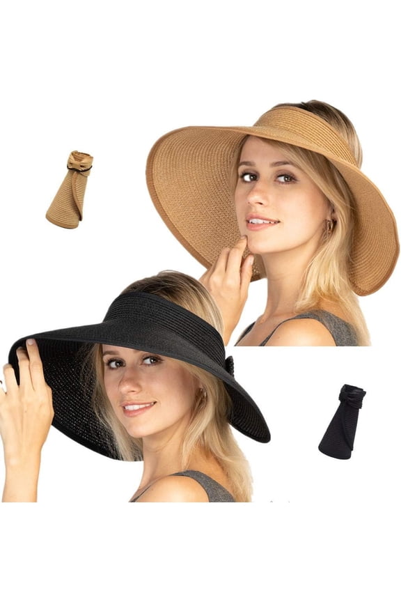 Women Sun Visors Foldable Straw Hats Summer Beach Packable Hat Floppy Wide Brim Cap Deep Style, Adjustable Size