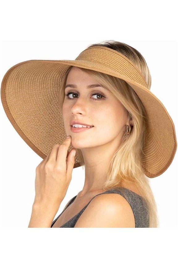 Women Sun Visors Foldable Straw Hats Summer Beach Packable Hat Floppy Wide Brim Cap Deep Style, Adjustable Size