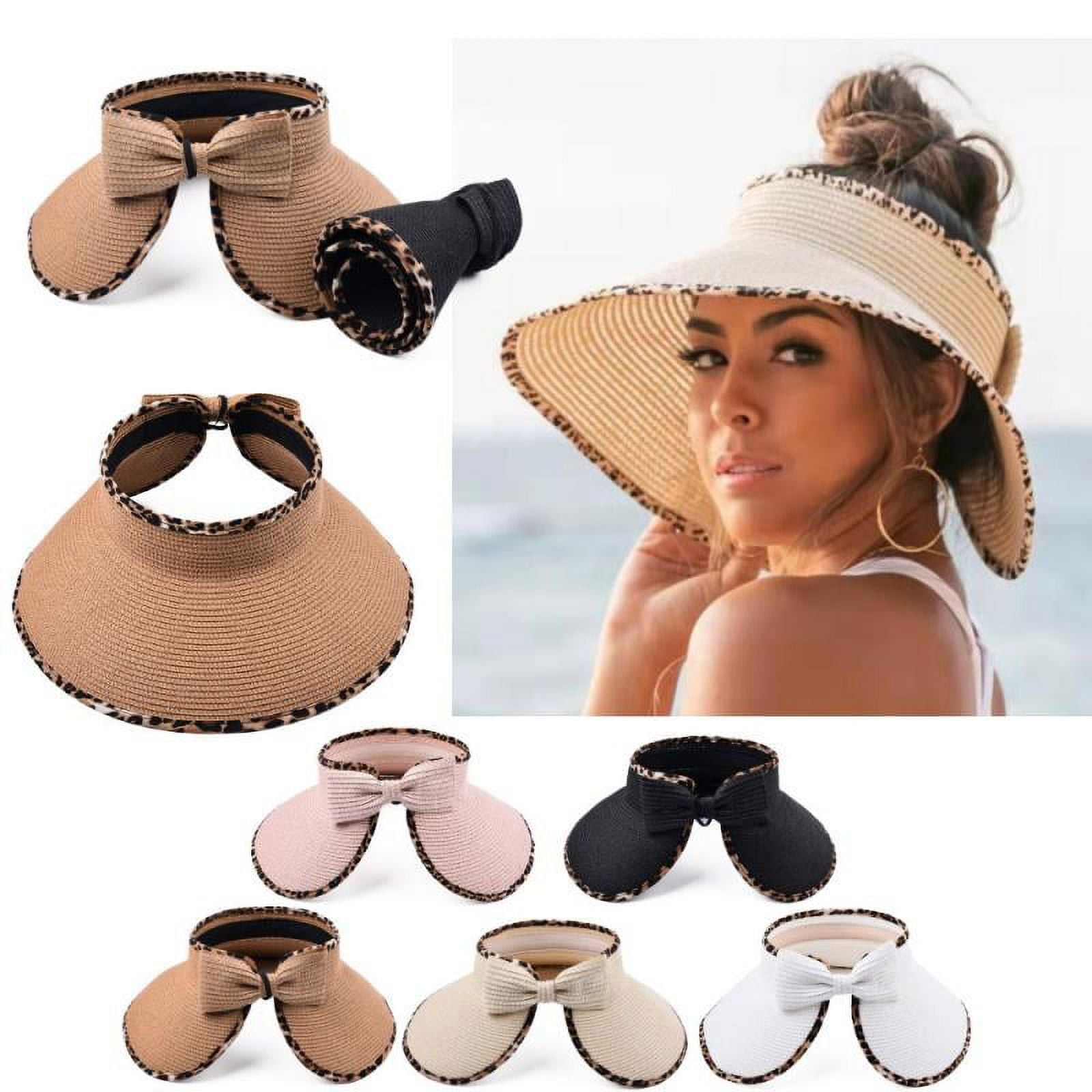 Women Sun Visors Wide Brim Foldable Beach Hat Straw Bow Visor Sun Hats
