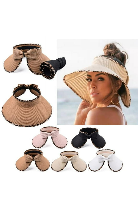 Women Sun Visors Wide Brim Foldable Beach Hat Straw Bow Visor Sun Hats
