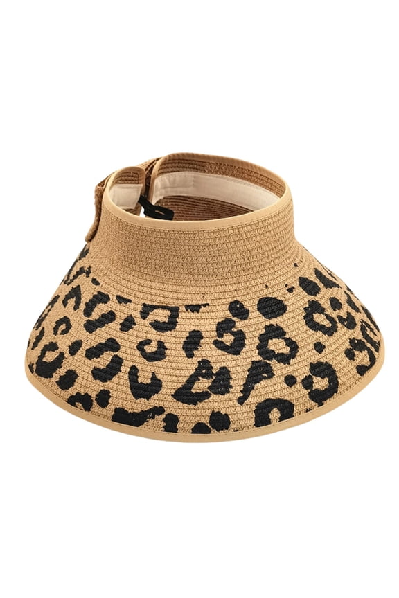 Women Sun Visors Wide Brim Foldable Packable Ponytail Beach Hat Straw Leopard Roll Up Bow Visor Sun Hats, Summer Beach Packable Hat Adjustable Size(Khaki,One Size)
