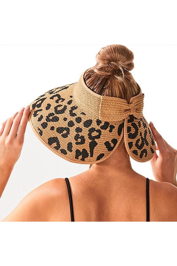 Women Sun Visors Wide Brim Foldable Ponytail Beach Hat Leopard Print Straw Bow Visor Hats