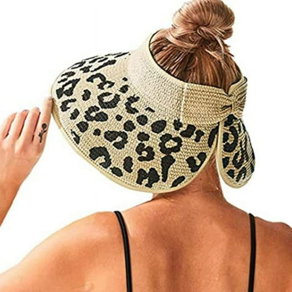 Women Sun Visors Wide Brim Foldable Ponytail Beach Hat Leopard Print Straw Bow Visor Hats