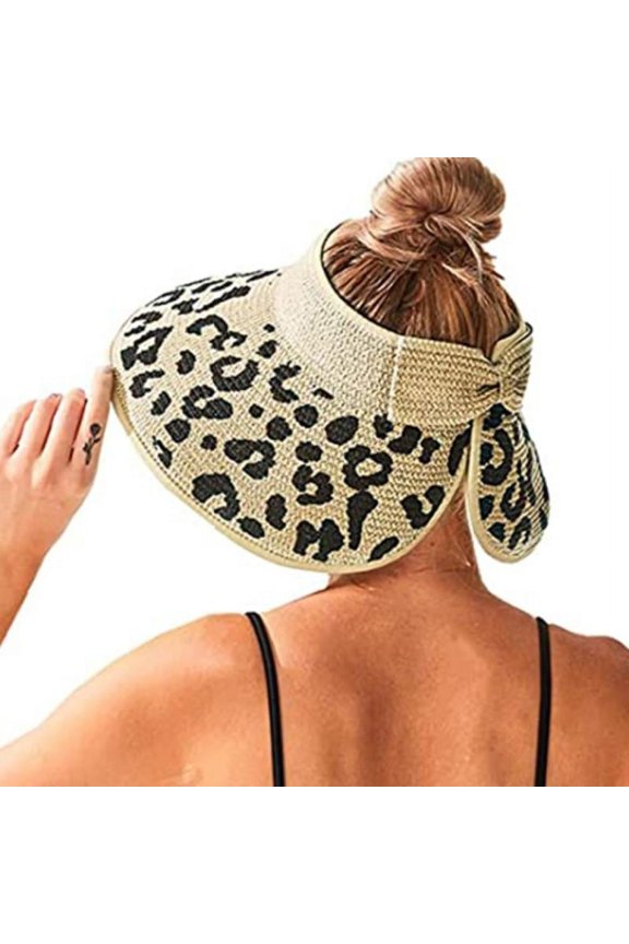 Women Sun Visors Wide Brim Foldable Ponytail Beach Hat Leopard Print Straw Bow Visor Hats
