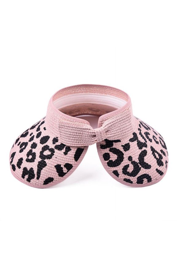 Women Sun Visors Wide Brim Foldable Ponytail Beach Hat Leopard Print Straw Bow Visor Hats