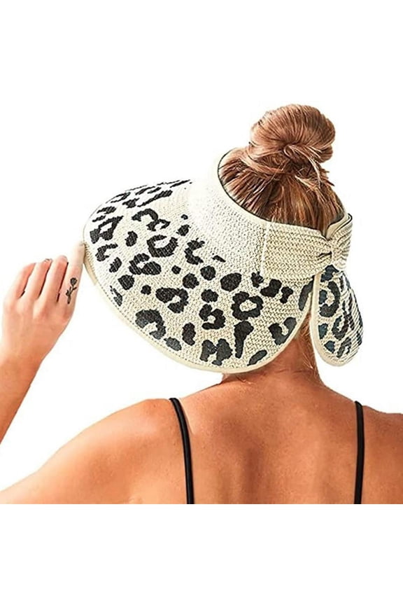 Women Sun Visors Wide Brim Foldable Ponytail Beach Hat Leopard Print Straw Bow Visor Hats