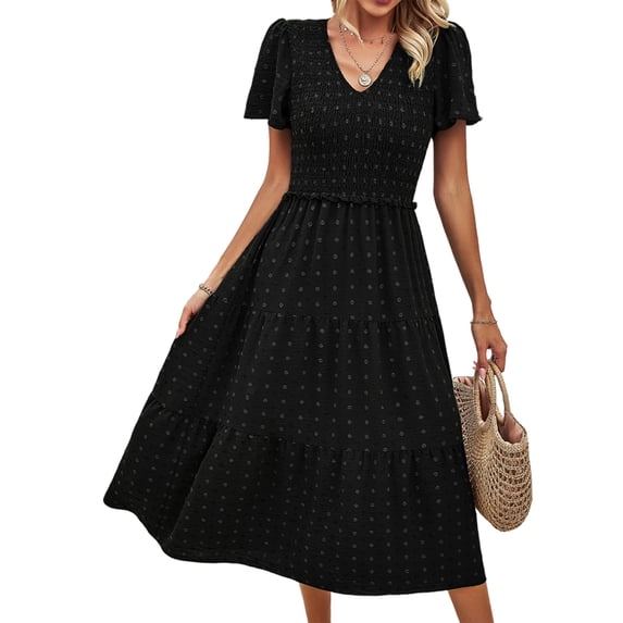 Women Sundress Summer Floral Short Sleeve Wrap V Neck A-Line Midi Dress Black L
