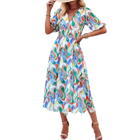 Women Sundress Summer Floral Short Sleeve Wrap V Neck A-Line Midi Dress Green M
