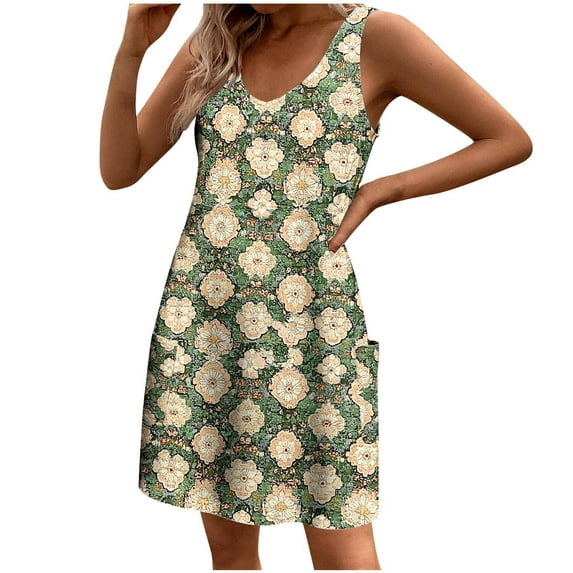 Women Sundress with Pockets 2025 Funny Floral Print Baggy Sleeveless A-line Dress Flowy Casual Tank Dresses for Beach
