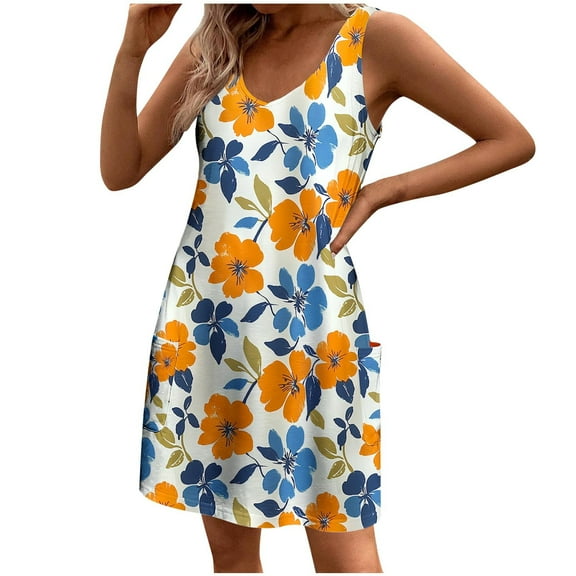 Women Sundress with Pockets 2025 Funny Floral Print Baggy Sleeveless A-line Dress Flowy Casual Tank Dresses for Beach