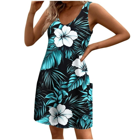 Women Sundress with Pockets 2025 Funny Floral Print Baggy Sleeveless A-line Dress Flowy Casual Tank Dresses for Beach