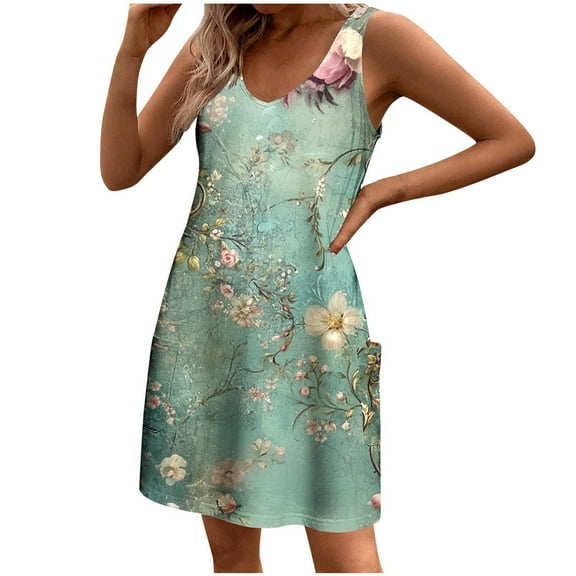 Women Sundress with Pockets 2025 Funny Floral Print Baggy Sleeveless A-line Dress Flowy Casual Tank Dresses for Beach