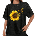 thumbnail image 1 of Women Sunflower Butterfly Dissolve Graphic Tees T Shirt Tops Round Neck Printed Cotton Washed T Shirt Black S-2XL Plus Size, 1 of 5
