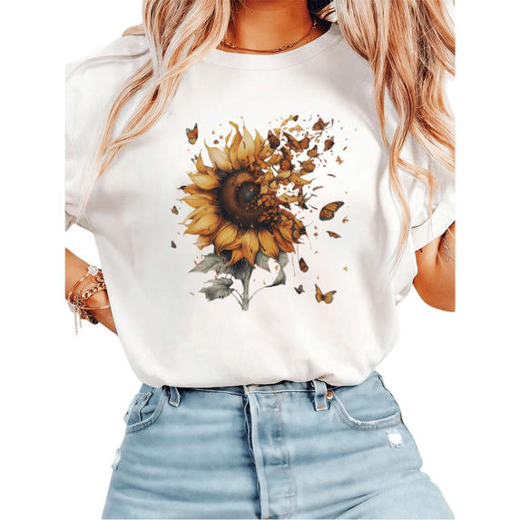 Women Sunflower Butterfly Dissolve Graphic Tees T Shirt Tops Round neck Printed Cotton T Shirt White S-5XL