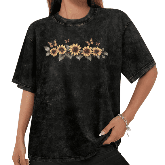 Women Sunflower Butterfly Garland Graphic Tees T Shirt Tops Round Neck Printed Cotton Washed T Shirt Black S-2XL Plus Size