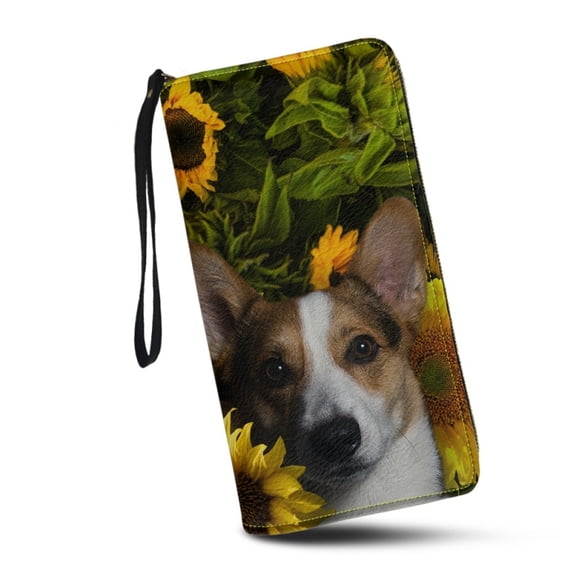 Women Sunflower Corgi Wallet RFID Blocking PU Leather Multi Credit Card Large Capacity Zip Around Clutch Travel Purse