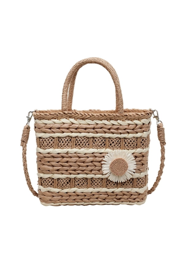 Women Sunflower Straw Tote Bag Hand Woven Summer Beach Bag With Detachable Crossbody Strap Hollow Weave Shoulder Handbag For Vacation Travel