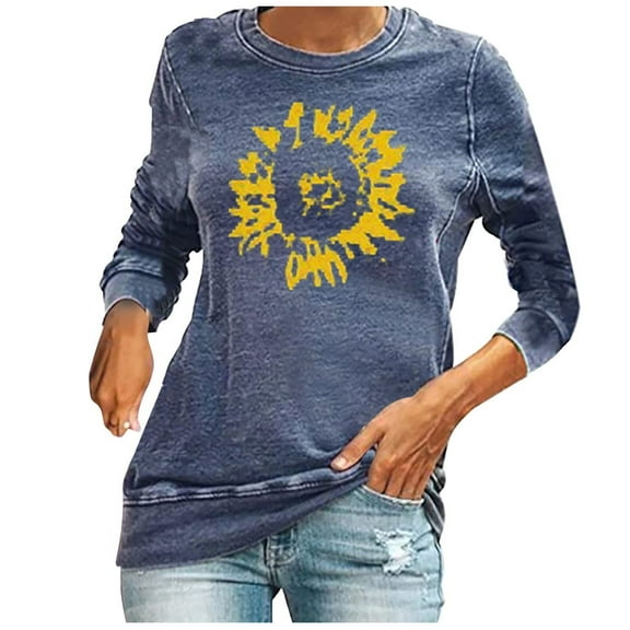 Women Sunflower Sweatshirt Funny Flower Graphic Shirts Floral Pullover Long Sleeve Top Crew Neck Casual Loose Clothes (Blue L)